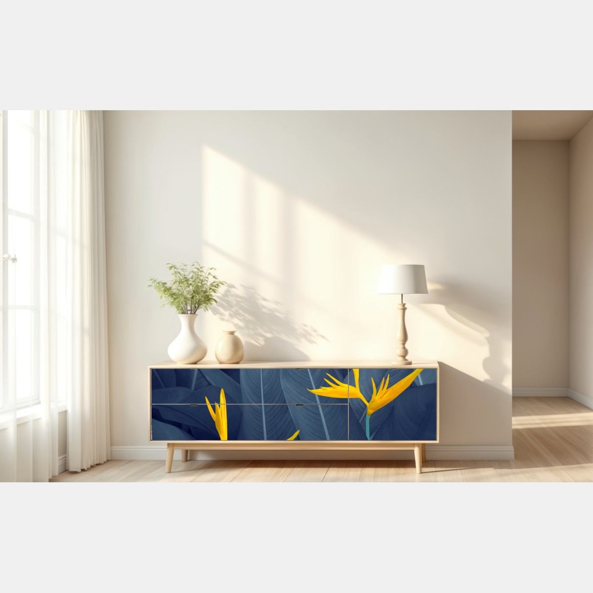 Repositionierbarer Aufkleber gelbe strelitzie auf blauen blättern – Wallnifity® Repositionierbarer Aufkleber gelbe strelitzie auf blauen blättern – Wallnifity®