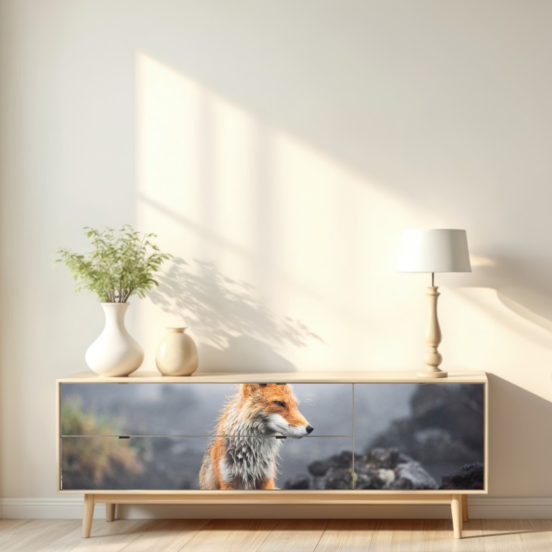 Repositionierbarer Aufkleber roter fuchs in nebliger landschaft – Wallnifity® Repositionierbarer Aufkleber roter fuchs in nebliger landschaft – Wallnifity®
