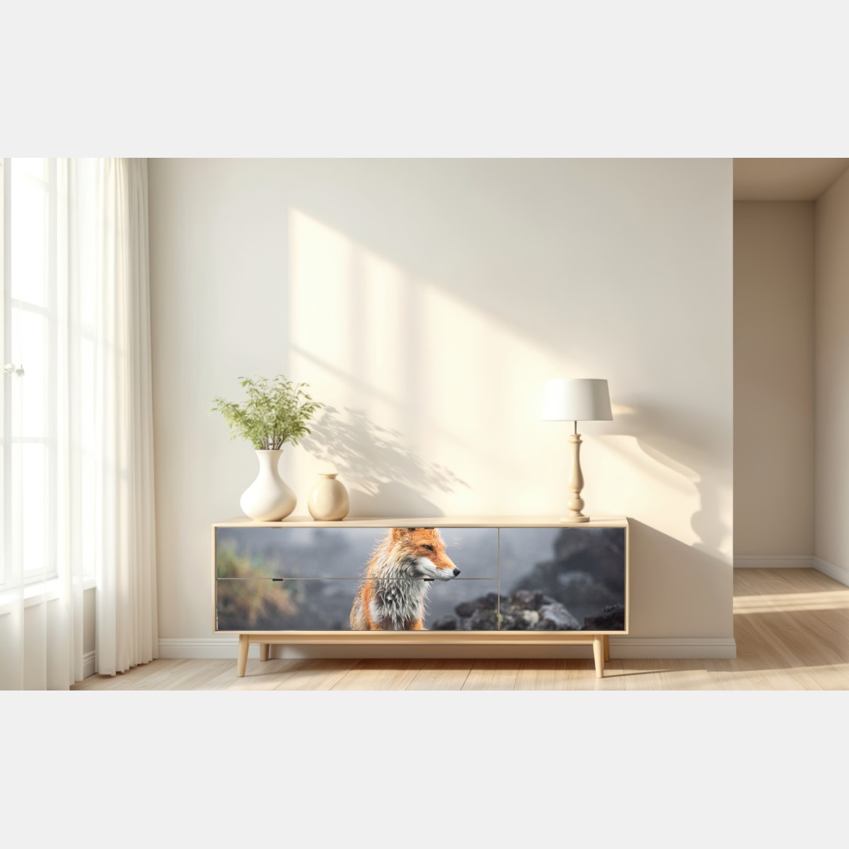 Repositionierbarer Aufkleber roter fuchs in nebliger landschaft – Wallnifity® Repositionierbarer Aufkleber roter fuchs in nebliger landschaft – Wallnifity®