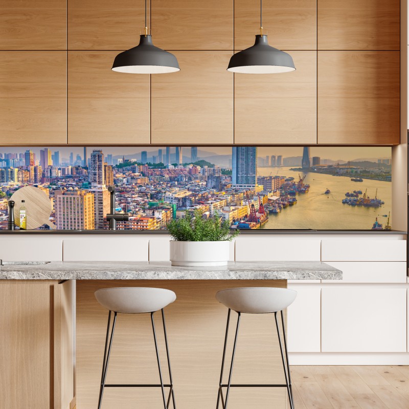 Repositionierbarer Aufkleber Hong Kong stadtpanorama bei dämmerung – Wallnifity®