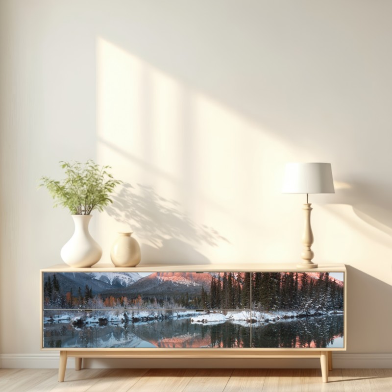 Repositionierbarer Aufkleber bergspiegelung im morgendlichen glühen – Wallnifity® Repositionierbarer Aufkleber bergspiegelung im morgendlichen glühen – Wallnifity®