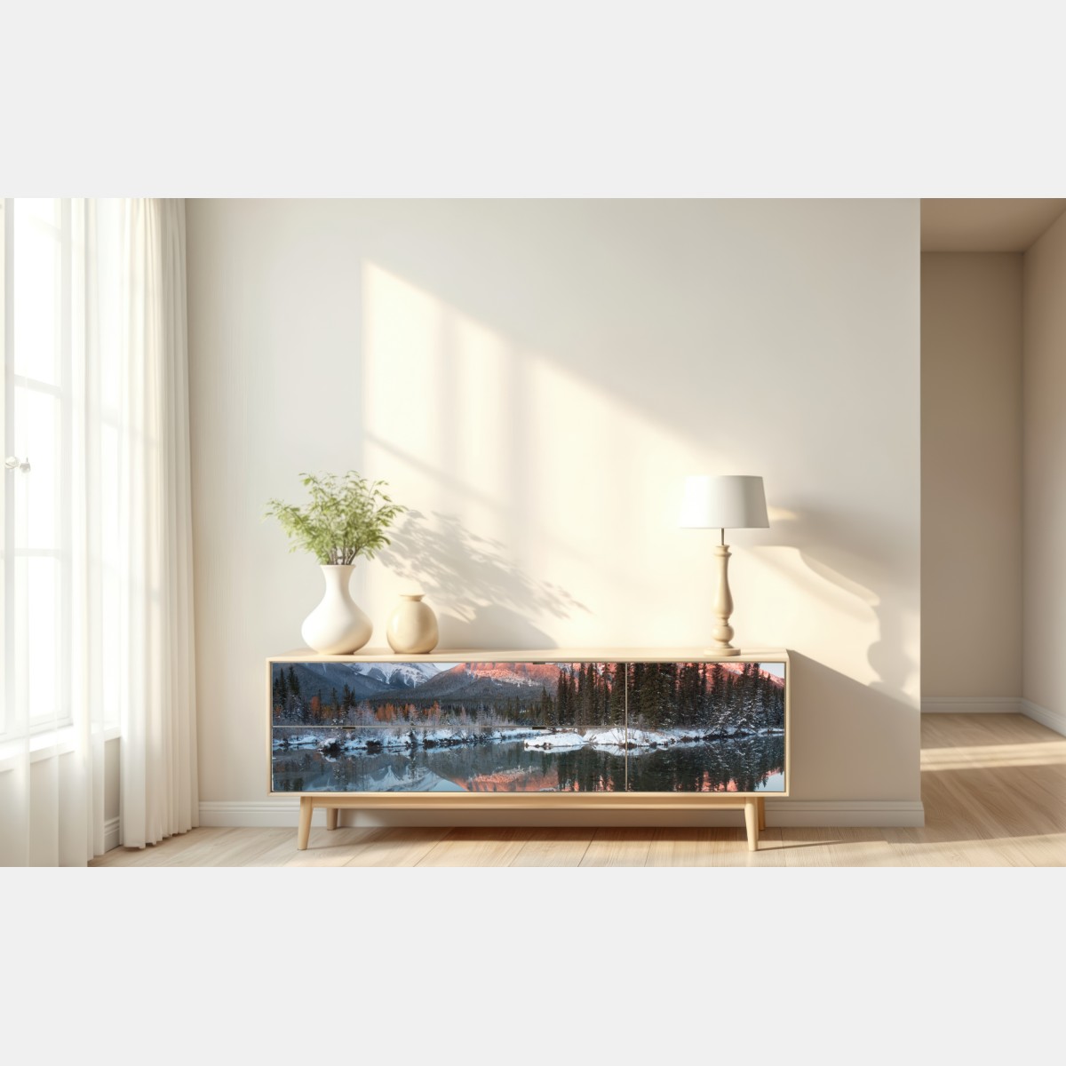 Repositionierbarer Aufkleber bergspiegelung im morgendlichen glühen – Wallnifity® Repositionierbarer Aufkleber bergspiegelung im morgendlichen glühen – Wallnifity®