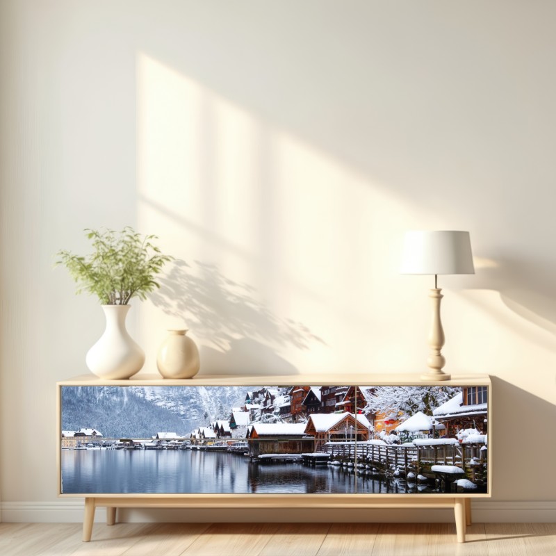 Repositionierbarer Aufkleber verschneites Hallstatt am see – Wallnifity® Repositionierbarer Aufkleber verschneites Hallstatt am see – Wallnifity®