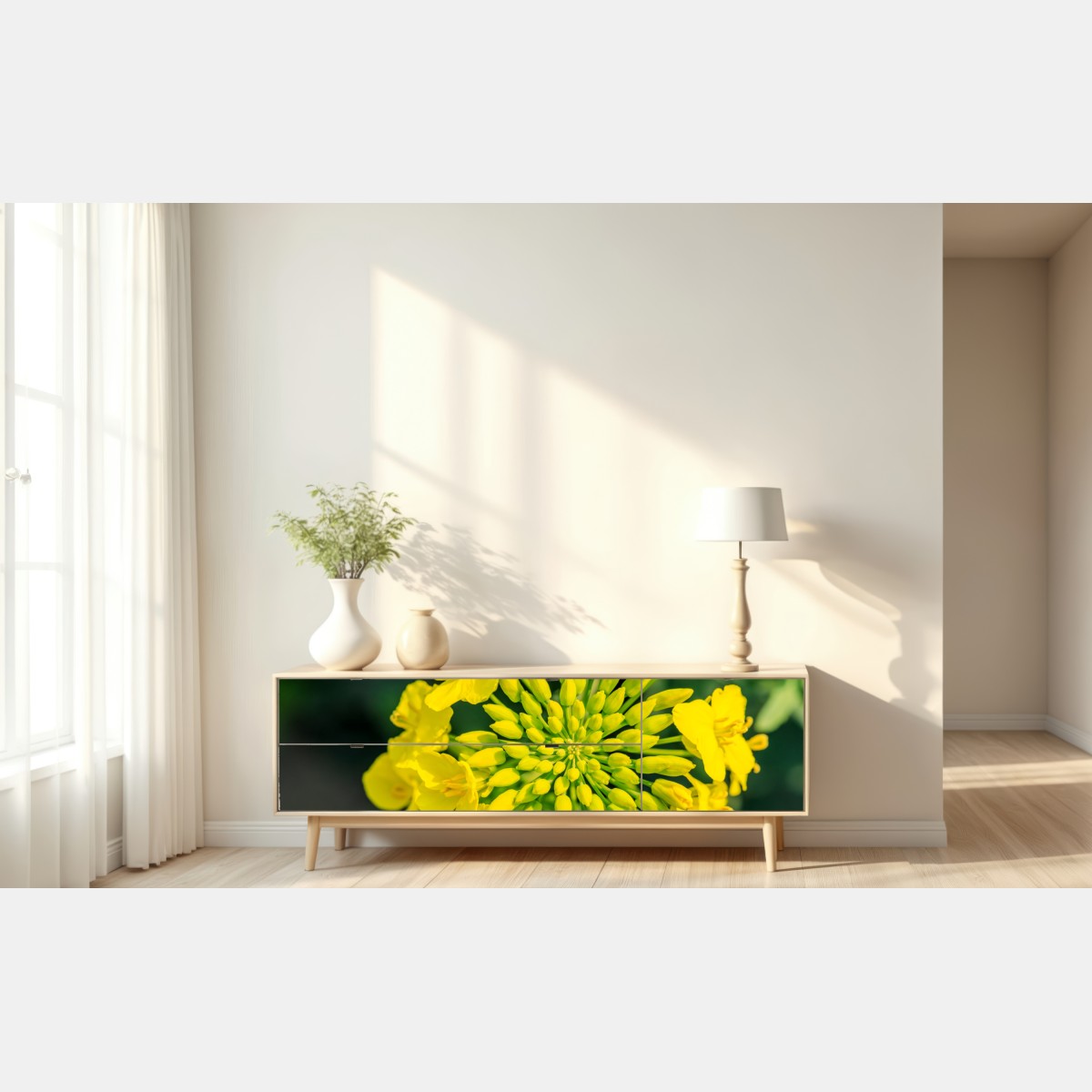 Repositionierbarer Aufkleber lebhafte gelbe rapsblüte im nahen makro – Wallnifity® Repositionierbarer Aufkleber lebhafte gelbe rapsblüte im nahen makro – Wallnifity®