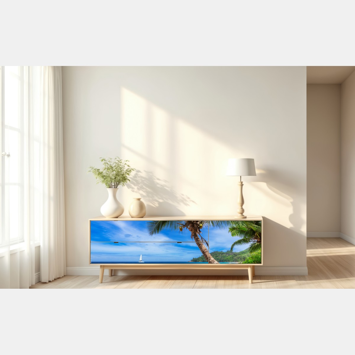 Repositionierbarer Aufkleber tropischer strand mit palme – Wallnifity® Repositionierbarer Aufkleber tropischer strand mit palme – Wallnifity®