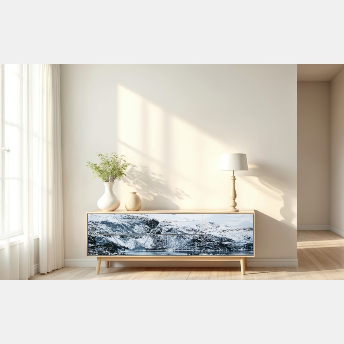 Repositionierbarer Aufkleber ruhige winterliche berglandschaft über zugefrorenem see – Wallnifity® Repositionierbarer Aufkleber ruhige winterliche berglandschaft über zugefrorenem see – Wallnifity®