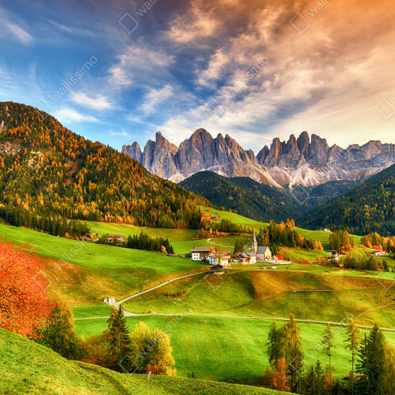 Repositionierbarer Aufkleber herbstlicher sonnenuntergang über Santa Maddalena, Dolomiten – Wallnifity® Repositionierbarer Aufkleber herbstlicher sonnenuntergang über Santa Maddalena, Dolomiten – Wallnifity®