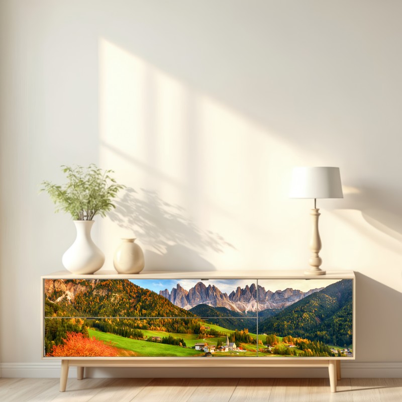 Repositionierbarer Aufkleber herbstlicher sonnenuntergang über Santa Maddalena, Dolomiten – Wallnifity® Repositionierbarer Aufkleber herbstlicher sonnenuntergang über Santa Maddalena, Dolomiten – Wallnifity®