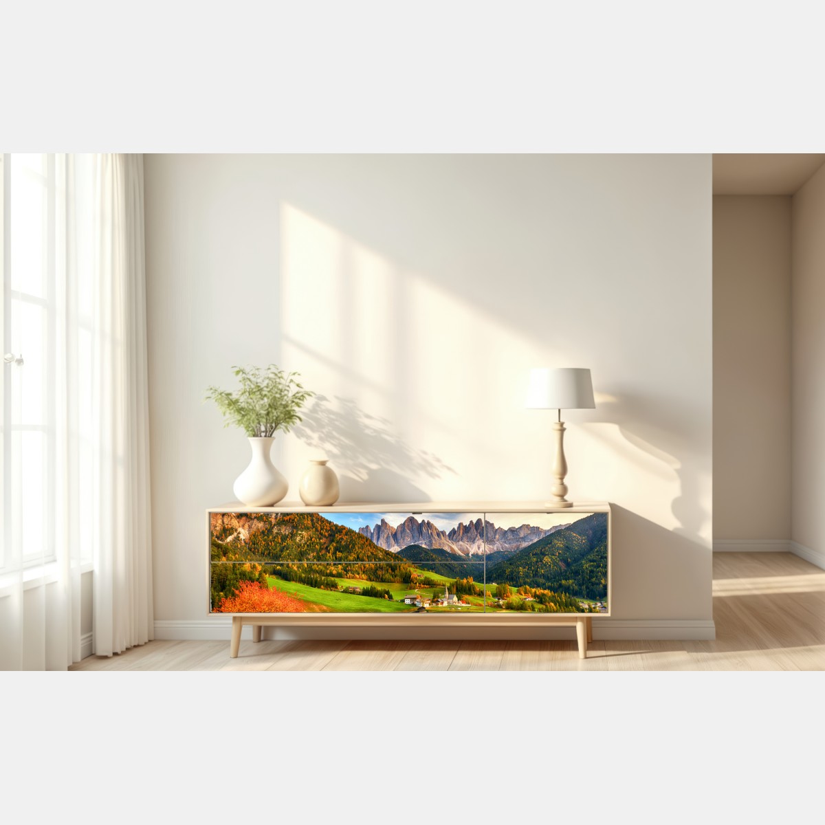 Repositionierbarer Aufkleber herbstlicher sonnenuntergang über Santa Maddalena, Dolomiten – Wallnifity® Repositionierbarer Aufkleber herbstlicher sonnenuntergang über Santa Maddalena, Dolomiten – Wallnifity®