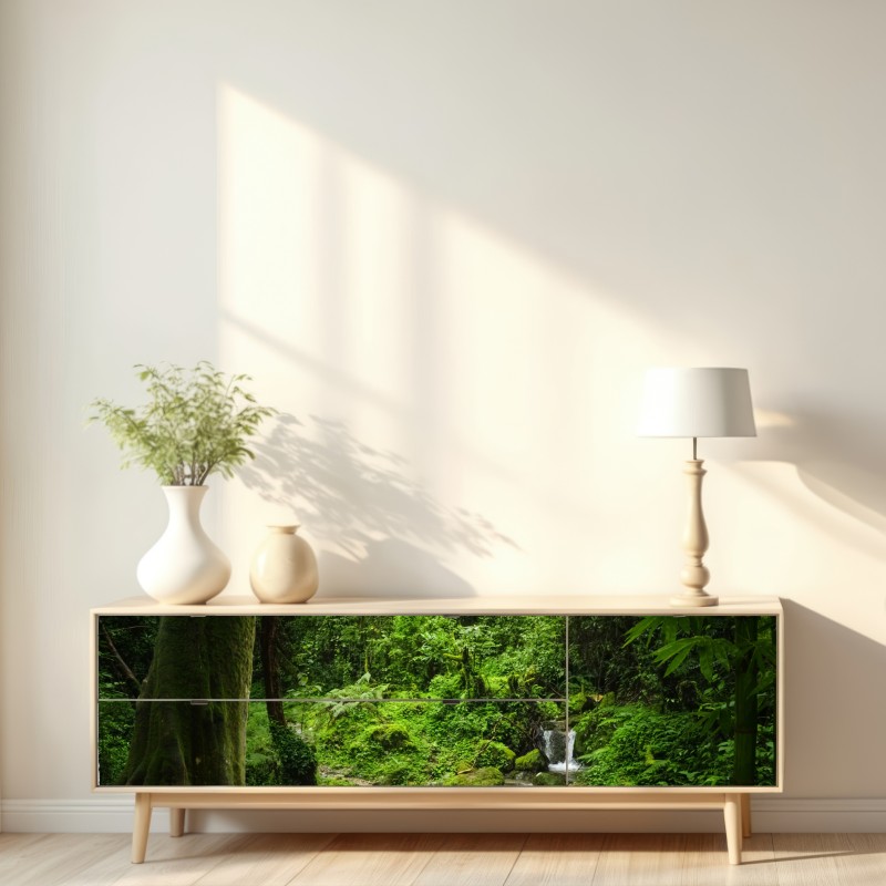 Repositionierbarer Aufkleber üppiger grüner waldwasserfall – Wallnifity® Repositionierbarer Aufkleber üppiger grüner waldwasserfall – Wallnifity®