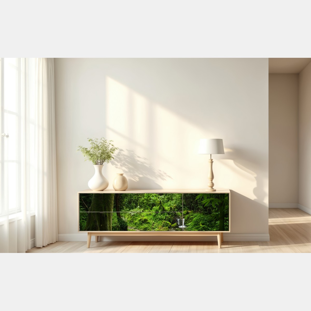 Repositionierbarer Aufkleber üppiger grüner waldwasserfall – Wallnifity® Repositionierbarer Aufkleber üppiger grüner waldwasserfall – Wallnifity®