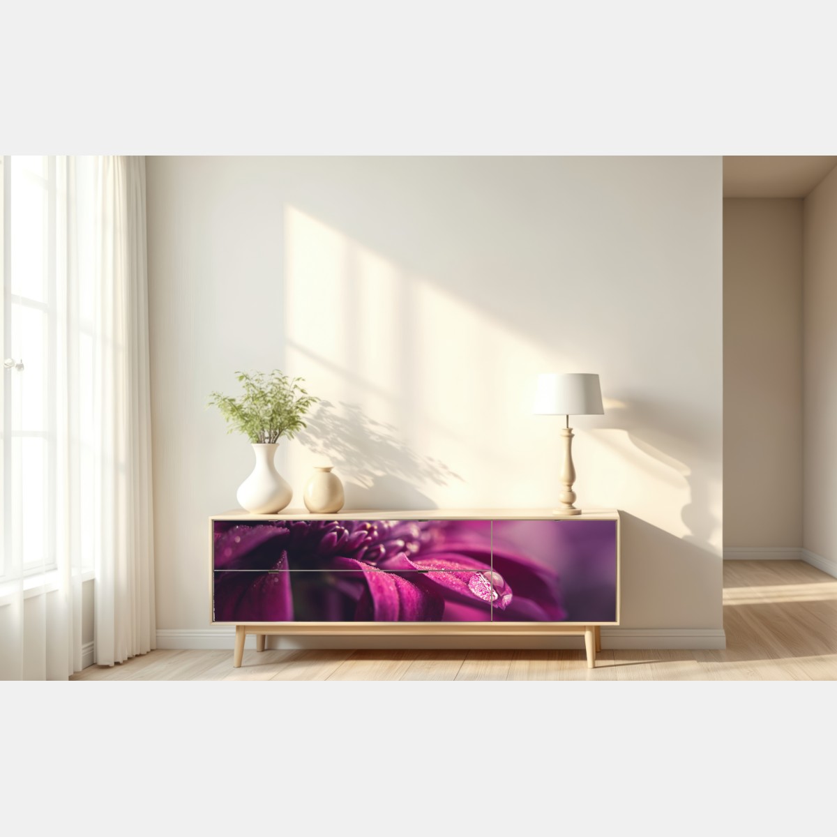 Repositionierbarer Aufkleber lila makroblüte mit tautropfen – Wallnifity® Repositionierbarer Aufkleber lila makroblüte mit tautropfen – Wallnifity®