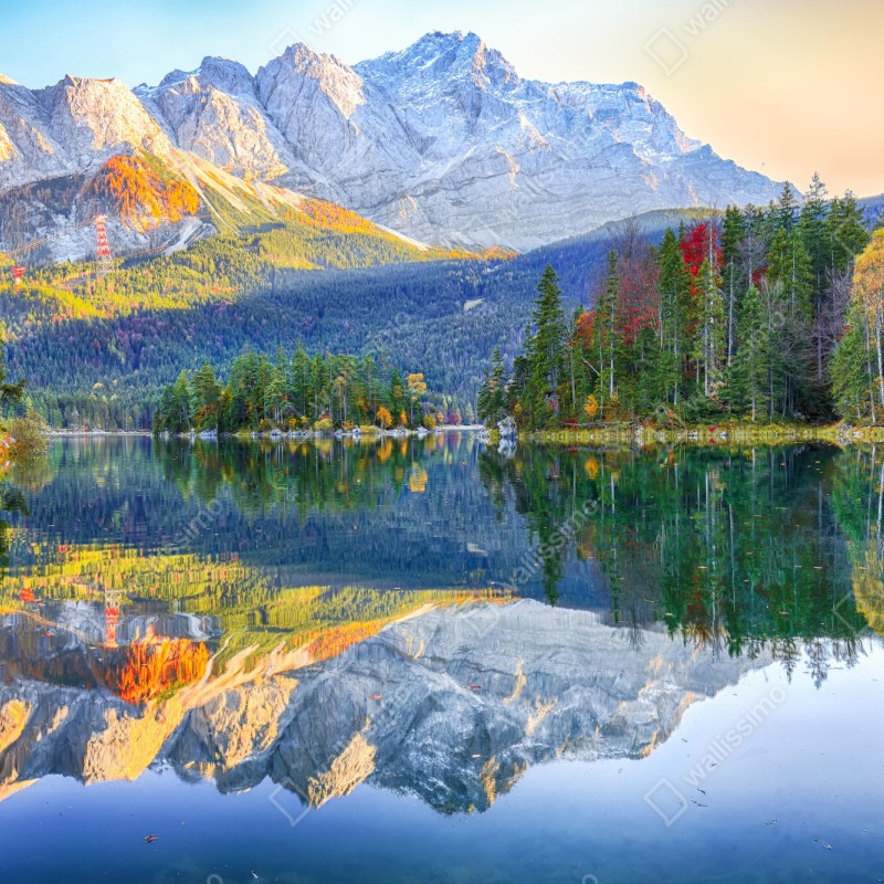 Repositionierbarer Aufkleber herbstliche spiegelung am Eibsee bei Zugspitze – Wallnifity® Repositionierbarer Aufkleber herbstliche spiegelung am Eibsee bei Zugspitze – Wallnifity®