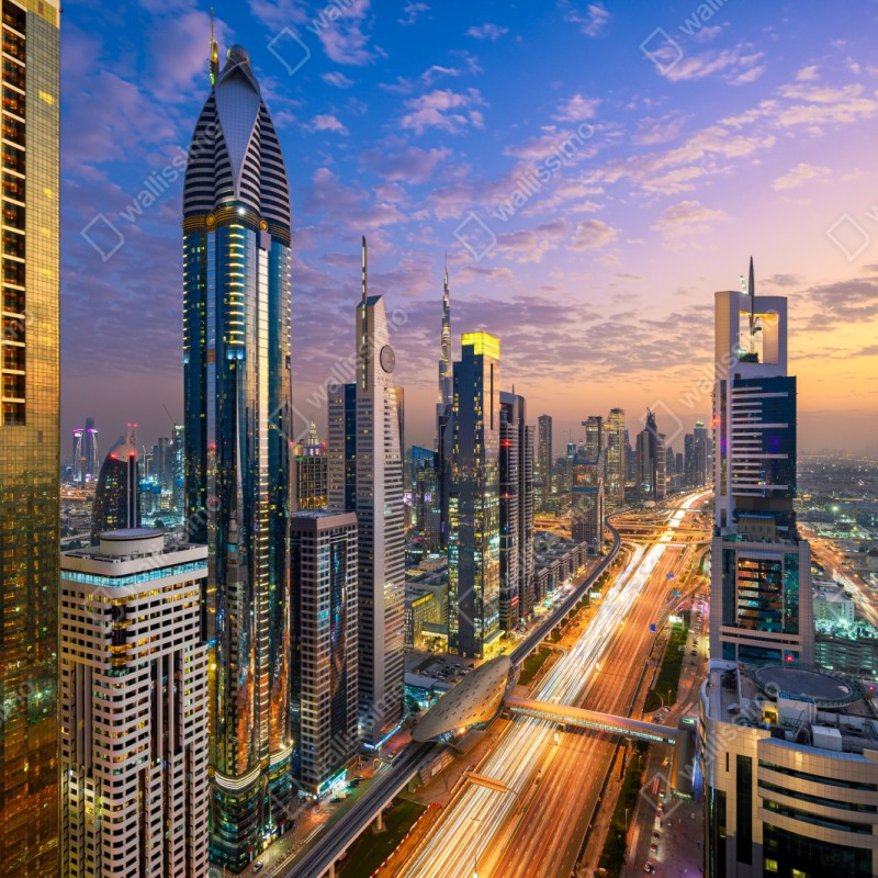 Repositionierbarer Aufkleber stadtszene Dubais bei dämmerung – Wallnifity® Repositionierbarer Aufkleber stadtszene Dubais bei dämmerung – Wallnifity®