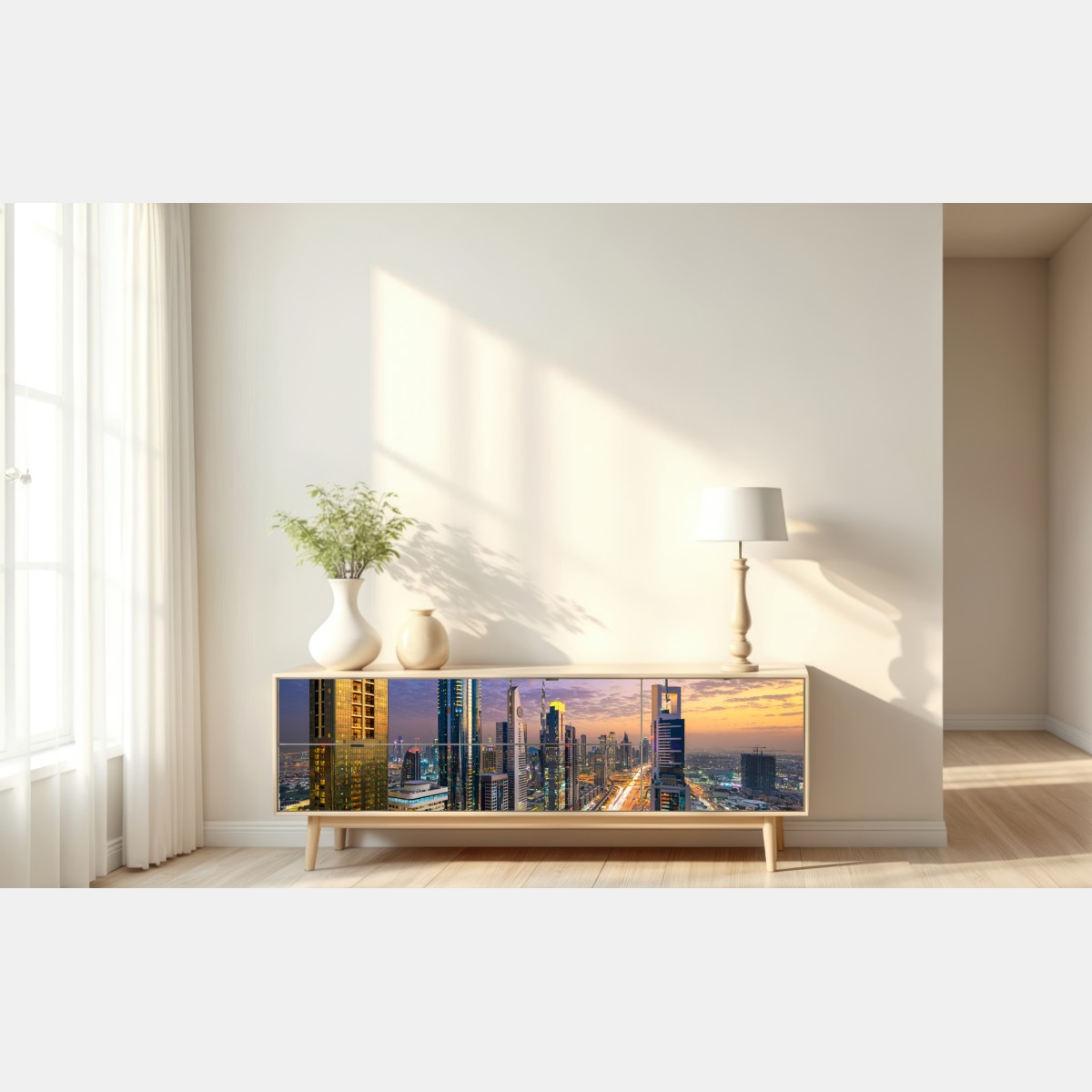 Repositionierbarer Aufkleber stadtszene Dubais bei dämmerung – Wallnifity® Repositionierbarer Aufkleber stadtszene Dubais bei dämmerung – Wallnifity®