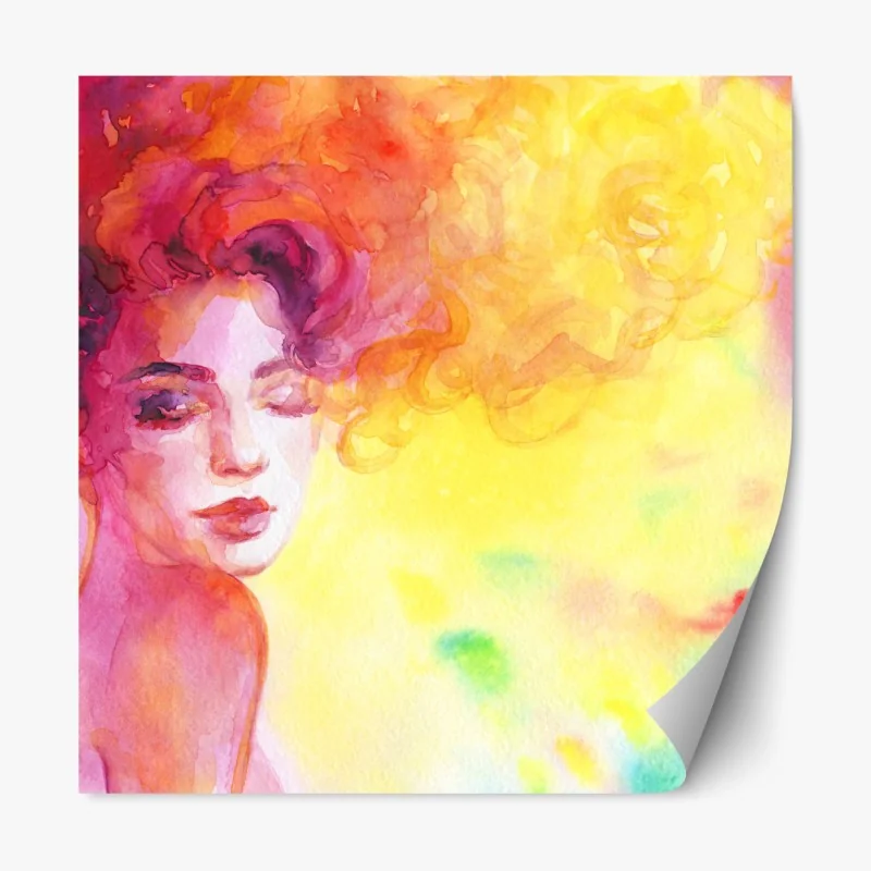 Repositionierbarer Aufkleber leuchtendes aquarellporträt einer frau – Wallnifity® Repositionierbarer Aufkleber leuchtendes aquarellporträt einer frau – Wallnifity®