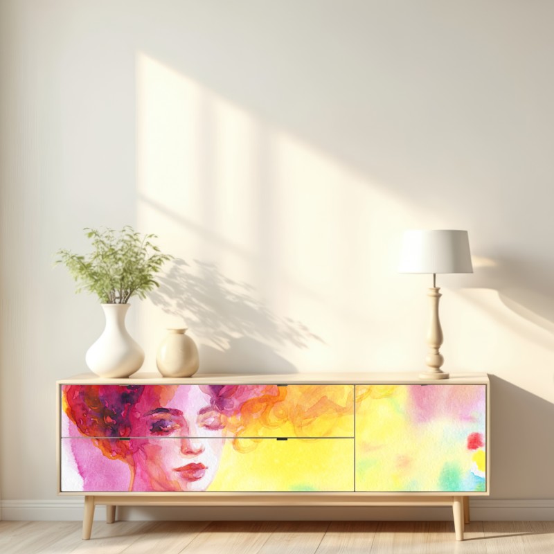 Repositionierbarer Aufkleber leuchtendes aquarellporträt einer frau – Wallnifity® Repositionierbarer Aufkleber leuchtendes aquarellporträt einer frau – Wallnifity®