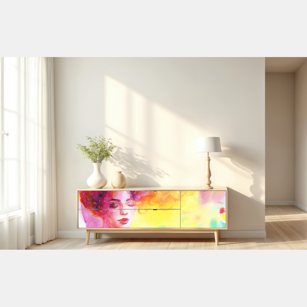 Repositionierbarer Aufkleber leuchtendes aquarellporträt einer frau – Wallnifity® Repositionierbarer Aufkleber leuchtendes aquarellporträt einer frau – Wallnifity®