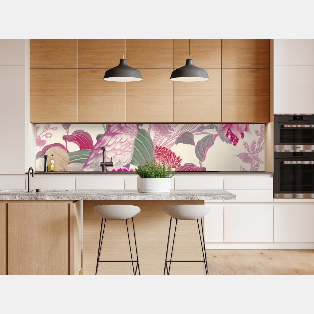 Repositionierbarer Aufkleber rosa papagei und chrysantheme - botanisches motiv – Wallnifity® Repositionierbarer Aufkleber rosa papagei und chrysantheme - botanisches motiv – Wallnifity®