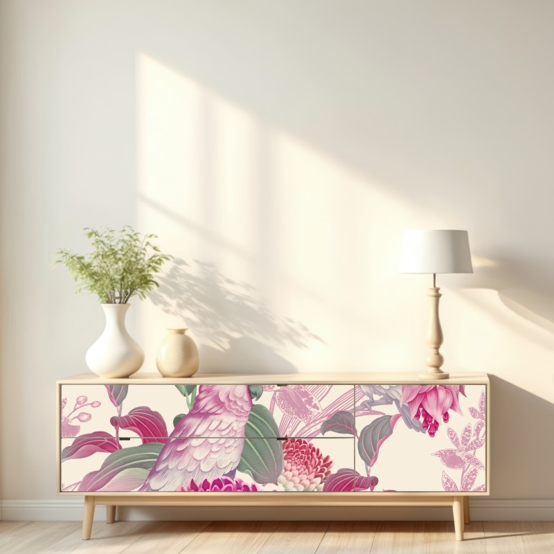 Repositionierbarer Aufkleber rosa papagei und chrysantheme - botanisches motiv – Wallnifity® Repositionierbarer Aufkleber rosa papagei und chrysantheme - botanisches motiv – Wallnifity®