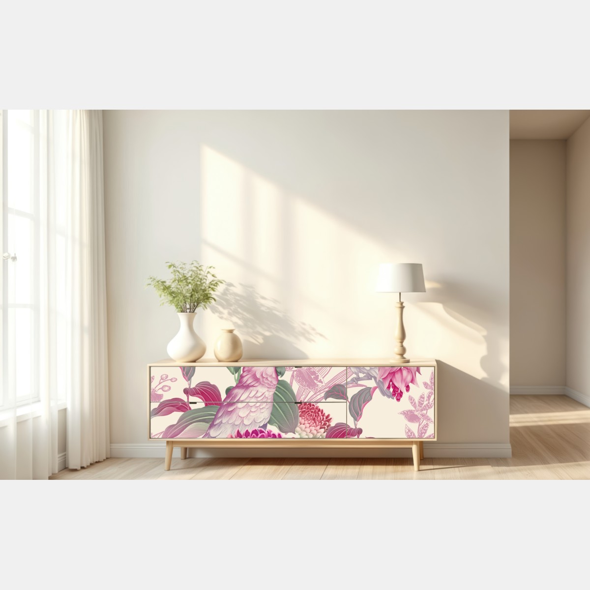 Repositionierbarer Aufkleber rosa papagei und chrysantheme - botanisches motiv – Wallnifity® Repositionierbarer Aufkleber rosa papagei und chrysantheme - botanisches motiv – Wallnifity®
