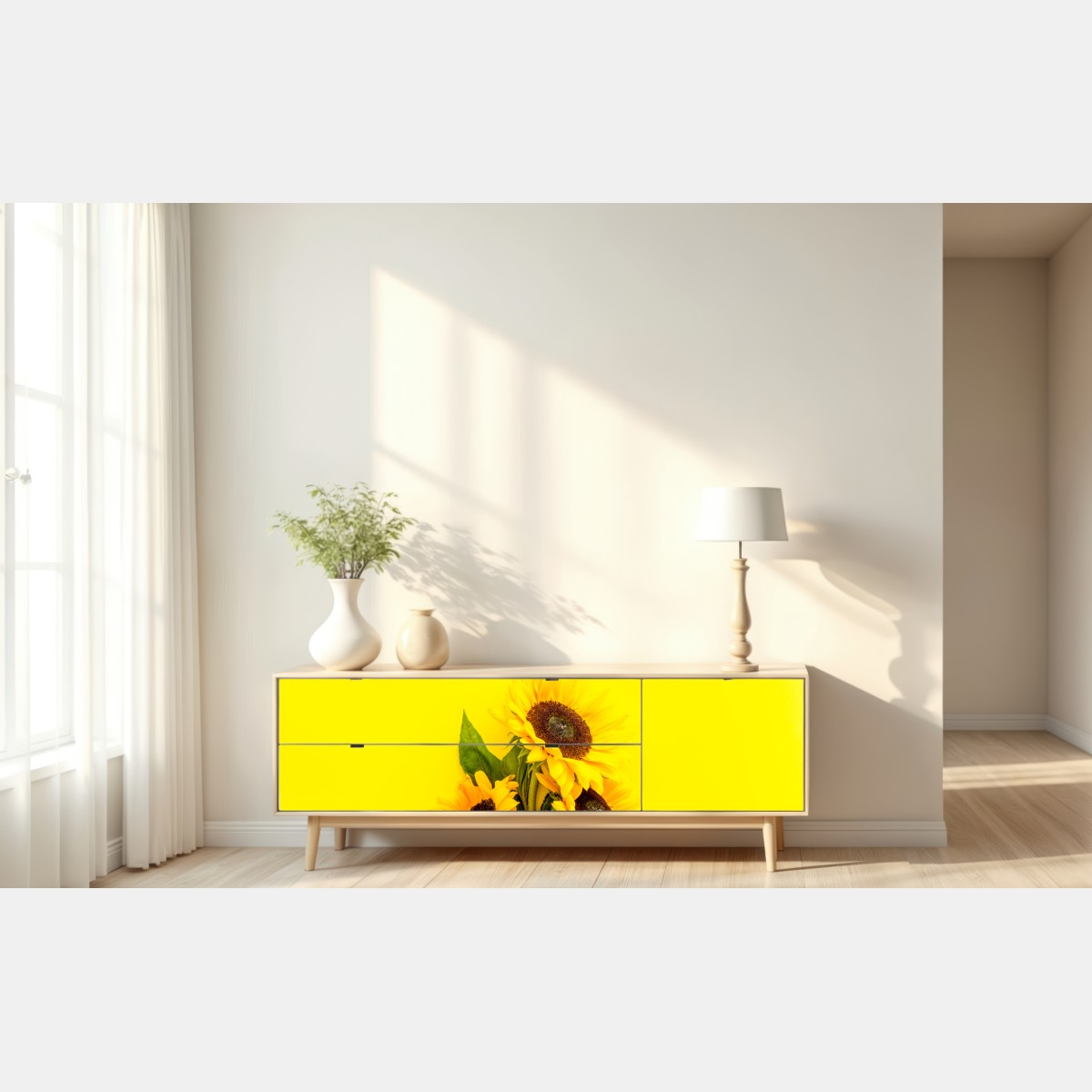 Repositionierbarer Aufkleber leuchtender sonnenblumenstrauß auf gelbem hintergrund – Wallnifity® Repositionierbarer Aufkleber leuchtender sonnenblumenstrauß auf gelbem hintergrund – Wallnifity®