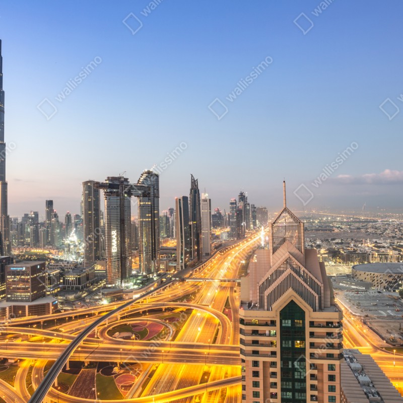Repositionierbarer Aufkleber skyline von Dubai bei dämmerung – Wallnifity® Repositionierbarer Aufkleber skyline von Dubai bei dämmerung – Wallnifity®