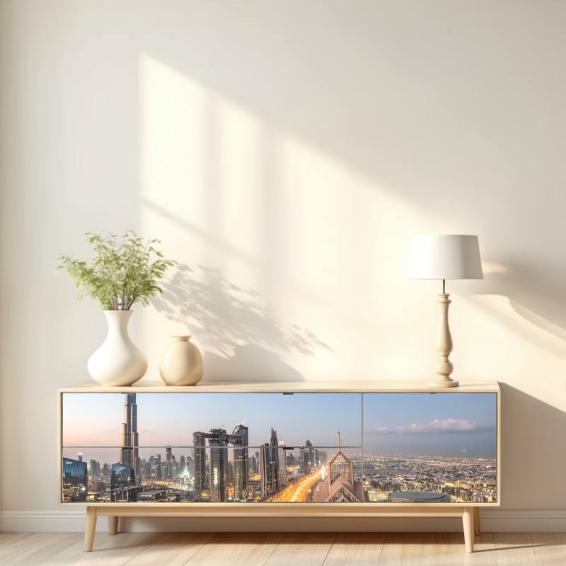 Repositionierbarer Aufkleber skyline von Dubai bei dämmerung – Wallnifity® Repositionierbarer Aufkleber skyline von Dubai bei dämmerung – Wallnifity®