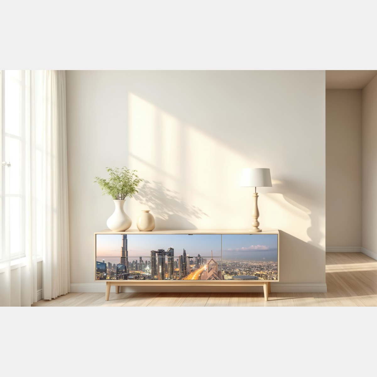 Repositionierbarer Aufkleber skyline von Dubai bei dämmerung – Wallnifity® Repositionierbarer Aufkleber skyline von Dubai bei dämmerung – Wallnifity®