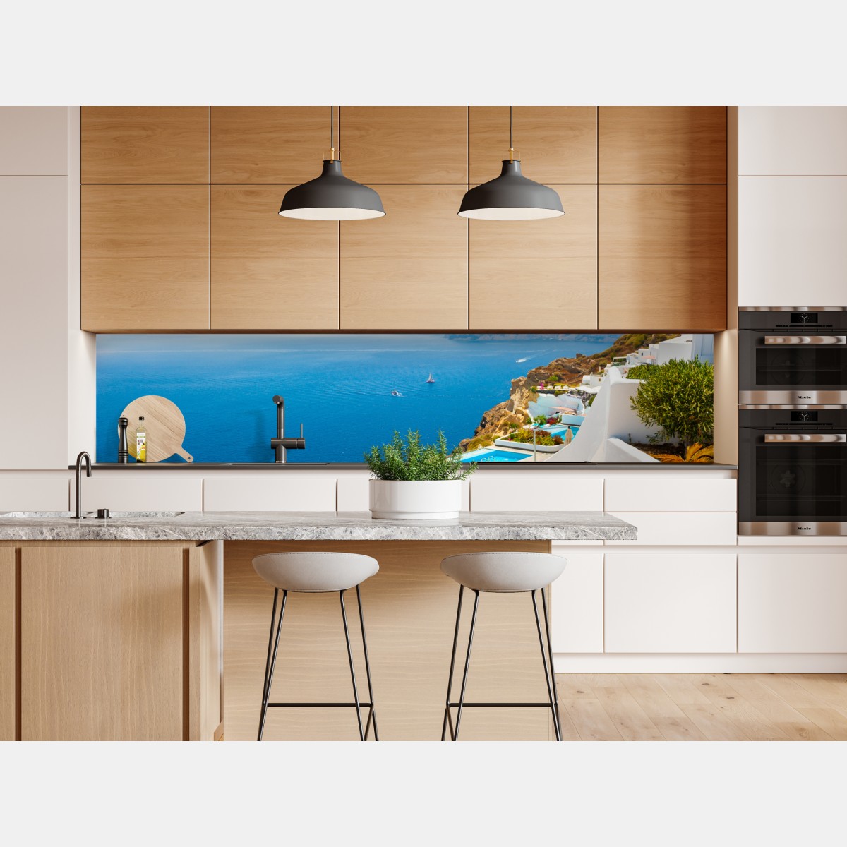 Repositionierbarer Aufkleber Santorini küstenblick mit weißer architektur – Wallnifity® Repositionierbarer Aufkleber Santorini küstenblick mit weißer architektur – Wallnifity®