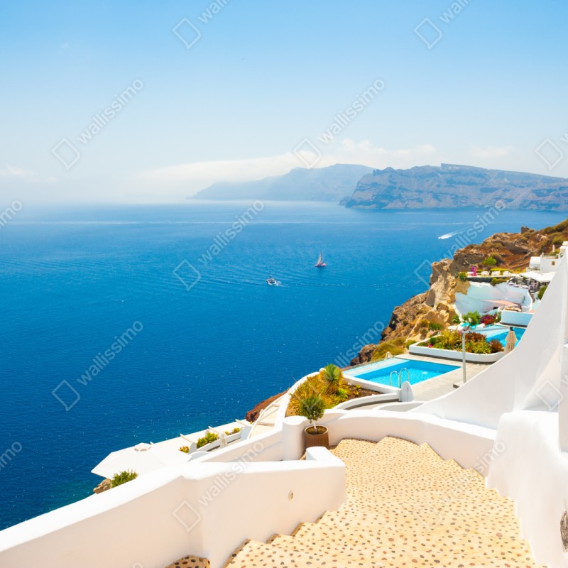 Repositionierbarer Aufkleber Santorini küstenblick mit weißer architektur – Wallnifity® Repositionierbarer Aufkleber Santorini küstenblick mit weißer architektur – Wallnifity®