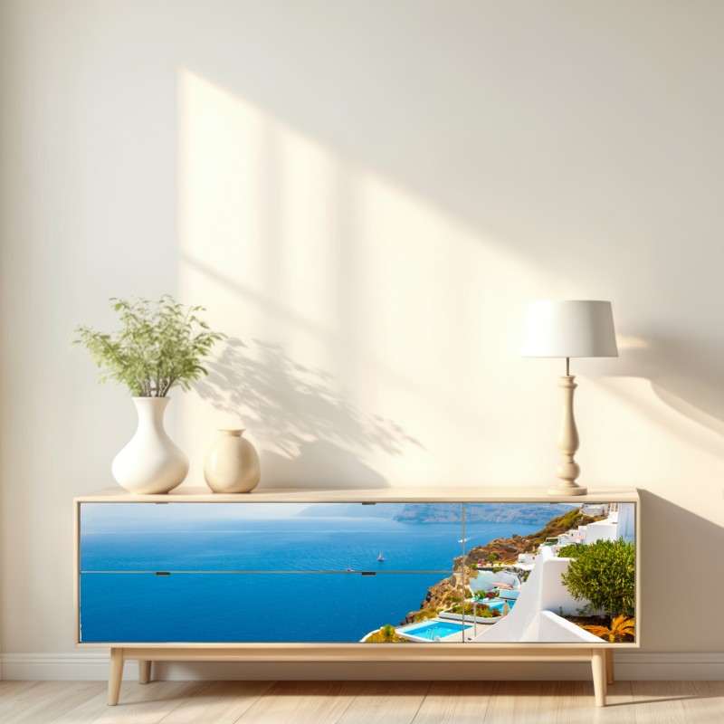 Repositionierbarer Aufkleber Santorini küstenblick mit weißer architektur – Wallnifity® Repositionierbarer Aufkleber Santorini küstenblick mit weißer architektur – Wallnifity®