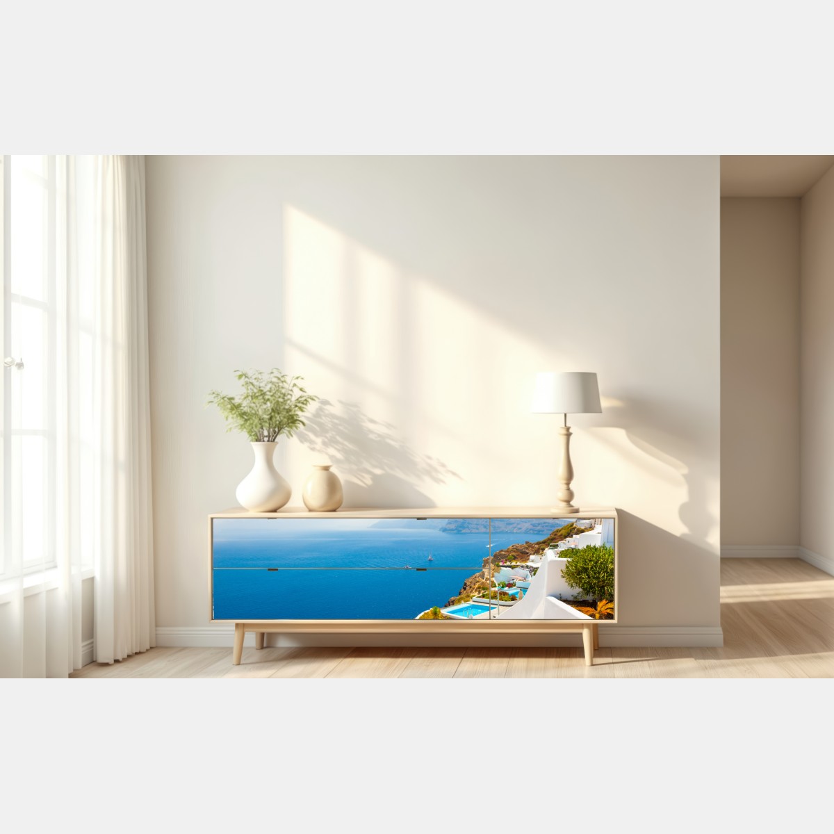 Repositionierbarer Aufkleber Santorini küstenblick mit weißer architektur – Wallnifity® Repositionierbarer Aufkleber Santorini küstenblick mit weißer architektur – Wallnifity®