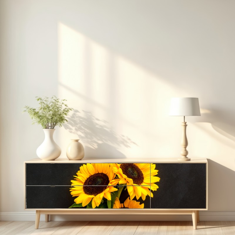 Repositionierbarer Aufkleber leuchtende sonnenblumen auf schwarzem hintergrund – Wallnifity® Repositionierbarer Aufkleber leuchtende sonnenblumen auf schwarzem hintergrund – Wallnifity®