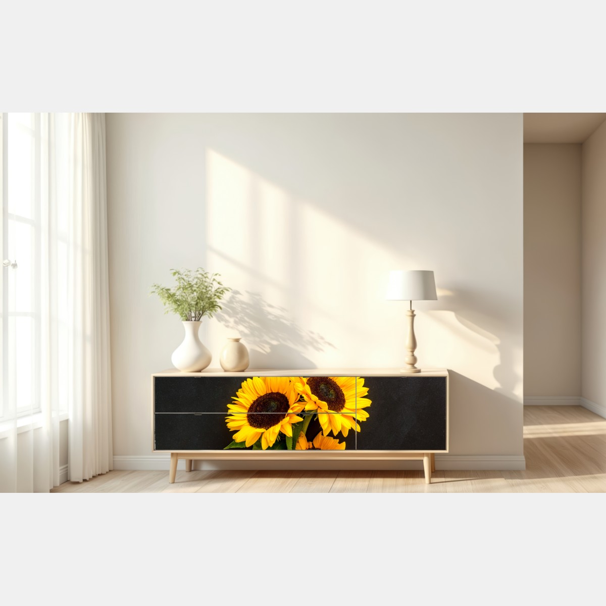 Repositionierbarer Aufkleber leuchtende sonnenblumen auf schwarzem hintergrund – Wallnifity® Repositionierbarer Aufkleber leuchtende sonnenblumen auf schwarzem hintergrund – Wallnifity®