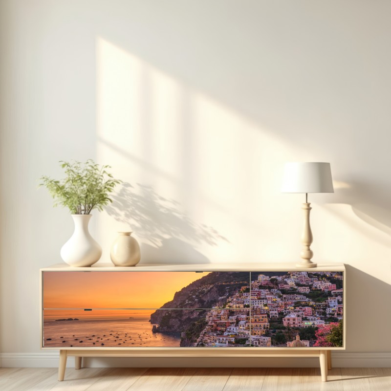 Repositionierbarer Aufkleber sonnenuntergang über Positano, Amalfiküste – Wallnifity® Repositionierbarer Aufkleber sonnenuntergang über Positano, Amalfiküste – Wallnifity®