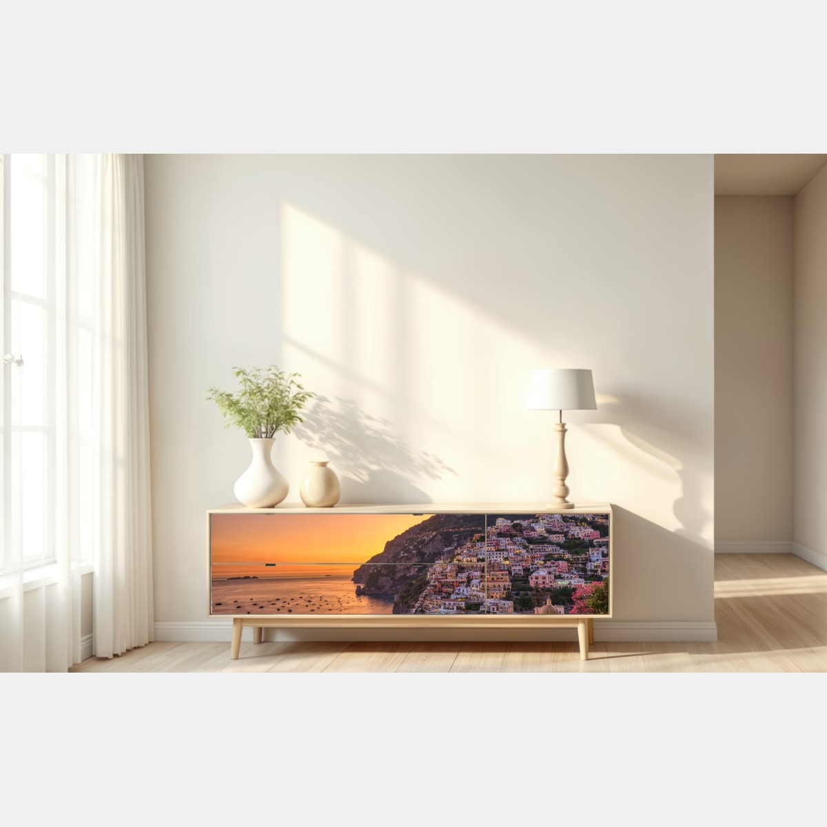 Repositionierbarer Aufkleber sonnenuntergang über Positano, Amalfiküste – Wallnifity® Repositionierbarer Aufkleber sonnenuntergang über Positano, Amalfiküste – Wallnifity®
