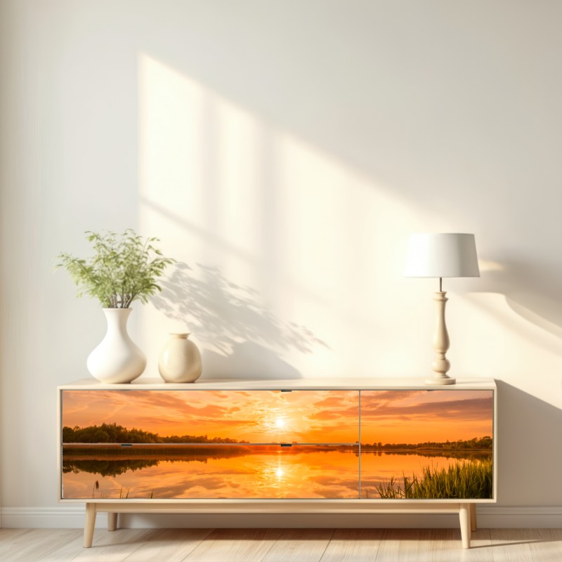 Repositionierbarer Aufkleber goldener sonnenuntergang über idyllischem see – Wallnifity® Repositionierbarer Aufkleber goldener sonnenuntergang über idyllischem see – Wallnifity®