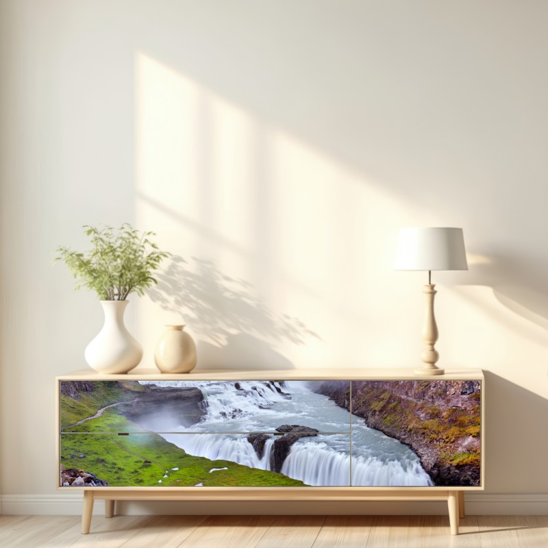 Repositionierbarer Aufkleber panoramablick auf den wasserfall Gullfoss – Wallnifity® Repositionierbarer Aufkleber panoramablick auf den wasserfall Gullfoss – Wallnifity®