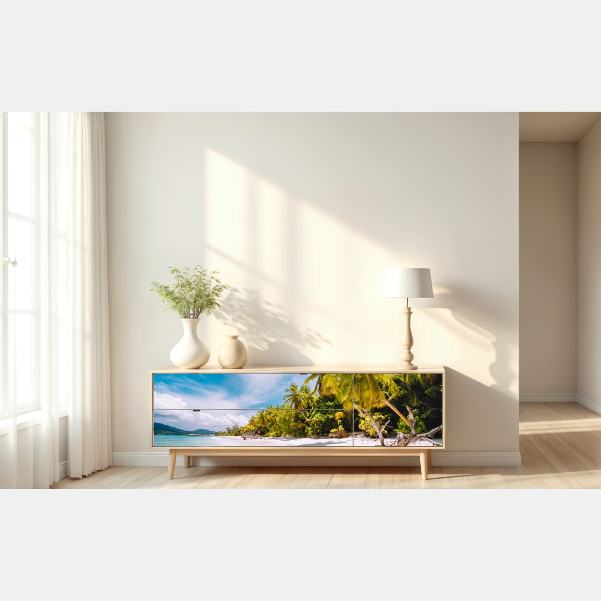 Repositionierbarer Aufkleber tropischer strandidyll mit palmen – Wallnifity® Repositionierbarer Aufkleber tropischer strandidyll mit palmen – Wallnifity®