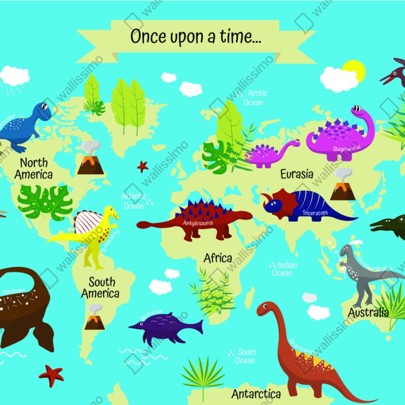 Repositionierbarer Aufkleber bunte weltkarte mit dinosauriern – Wallnifity® Repositionierbarer Aufkleber bunte weltkarte mit dinosauriern – Wallnifity®