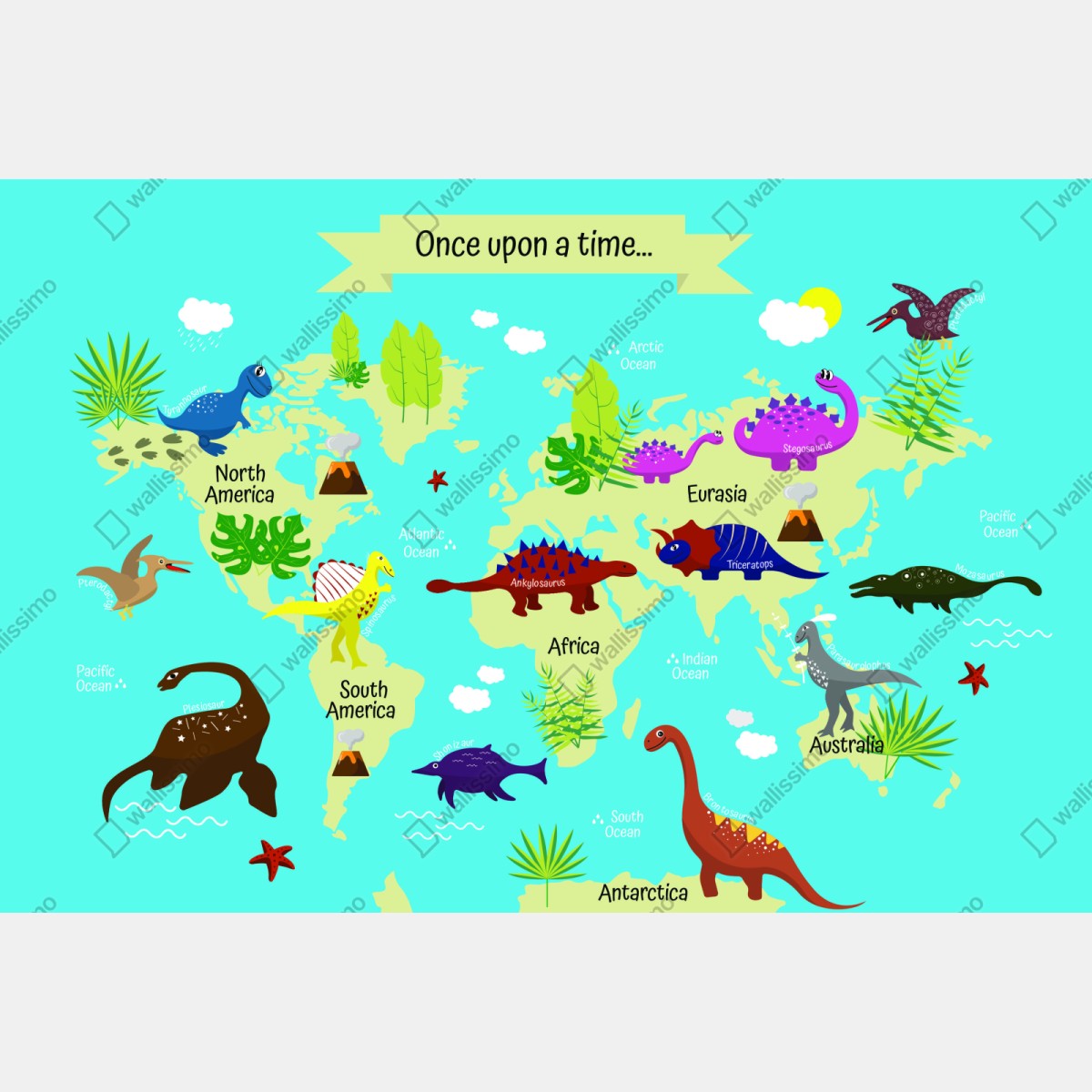 Repositionierbarer Aufkleber bunte weltkarte mit dinosauriern – Wallnifity® Repositionierbarer Aufkleber bunte weltkarte mit dinosauriern – Wallnifity®