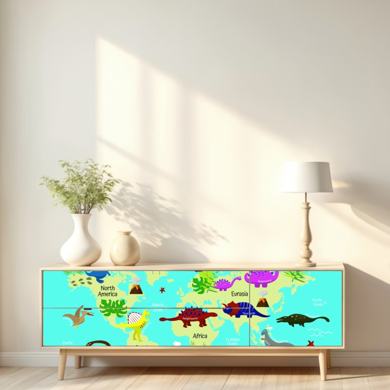 Repositionierbarer Aufkleber bunte weltkarte mit dinosauriern – Wallnifity® Repositionierbarer Aufkleber bunte weltkarte mit dinosauriern – Wallnifity®