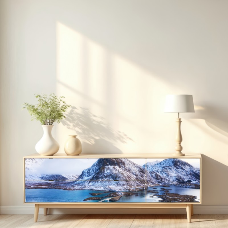 Repositionierbarer Aufkleber Lofoten brücke und berg aus der luft – Wallnifity® Repositionierbarer Aufkleber Lofoten brücke und berg aus der luft – Wallnifity®