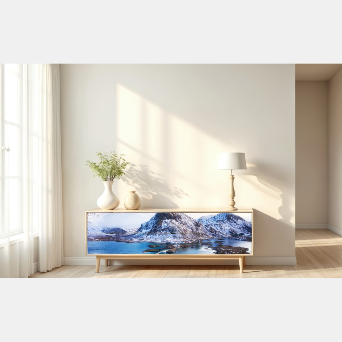 Repositionierbarer Aufkleber Lofoten brücke und berg aus der luft – Wallnifity® Repositionierbarer Aufkleber Lofoten brücke und berg aus der luft – Wallnifity®