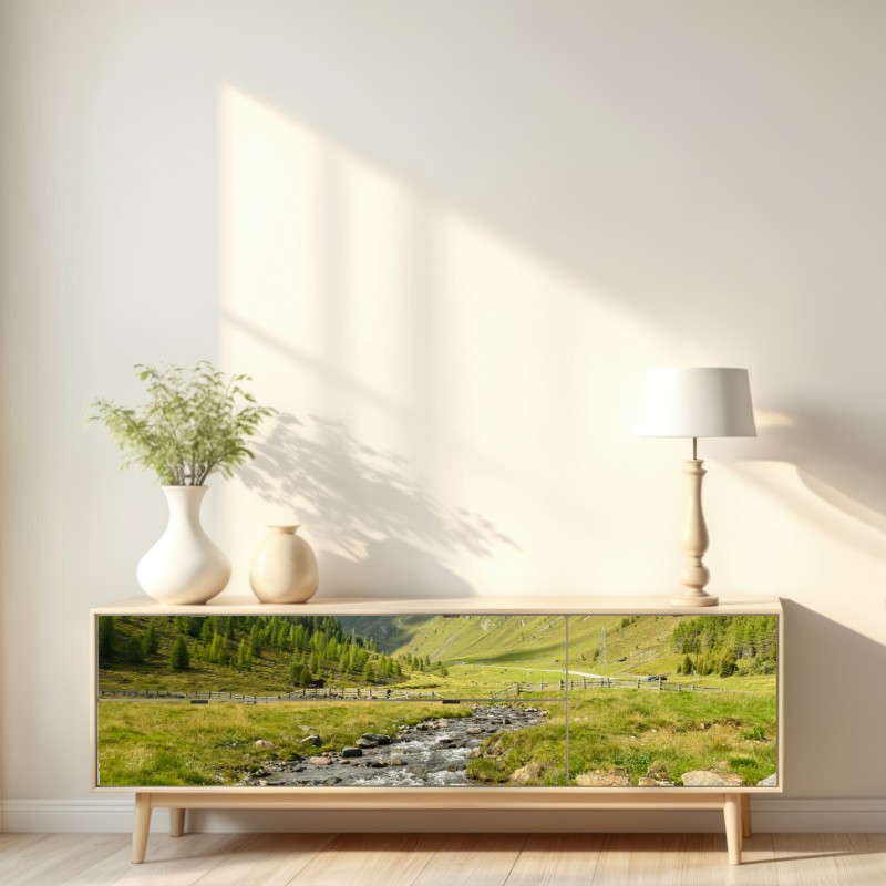 Repositionierbarer Aufkleber alpenbach im sonnigen tal – Wallnifity® Repositionierbarer Aufkleber alpenbach im sonnigen tal – Wallnifity®