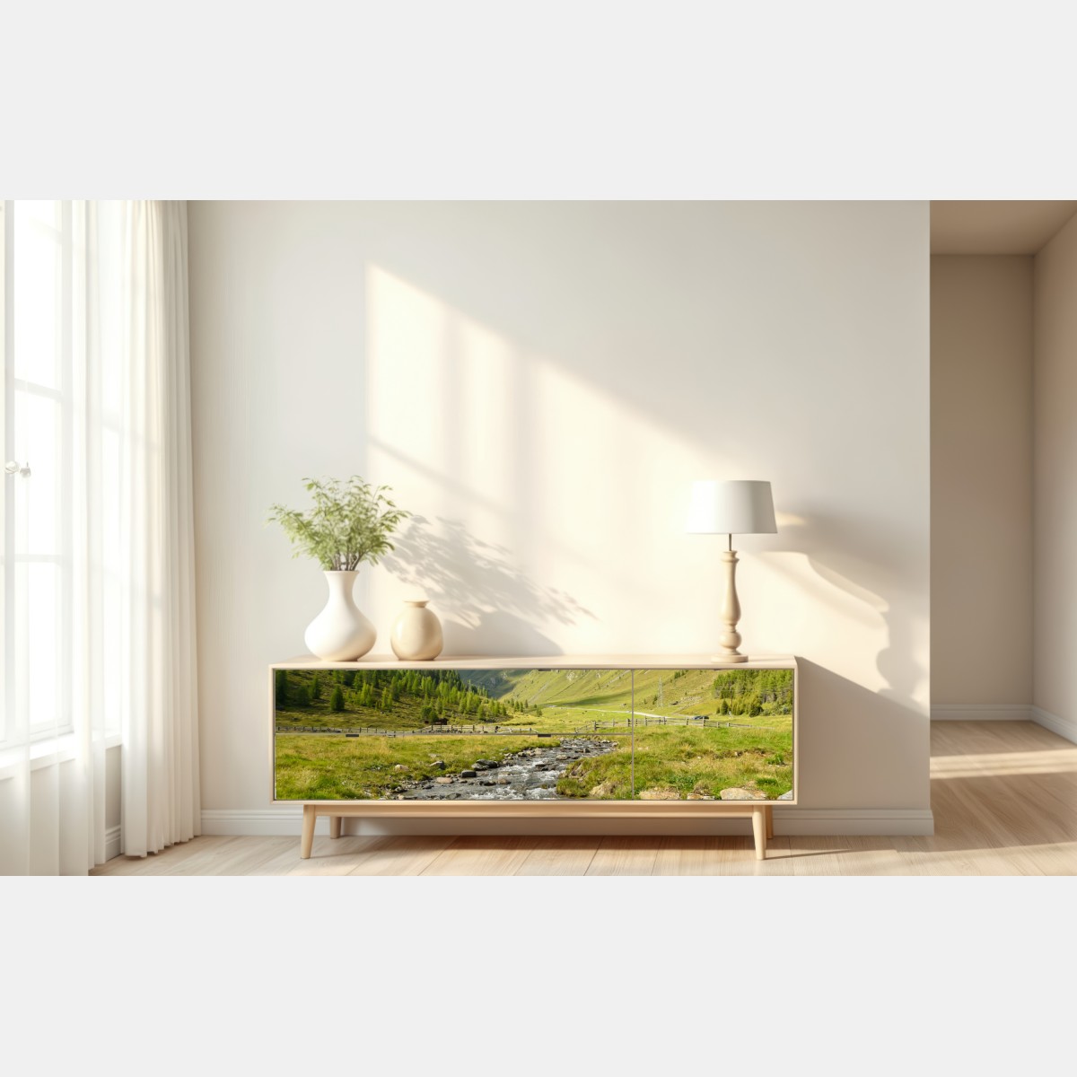 Repositionierbarer Aufkleber alpenbach im sonnigen tal – Wallnifity® Repositionierbarer Aufkleber alpenbach im sonnigen tal – Wallnifity®
