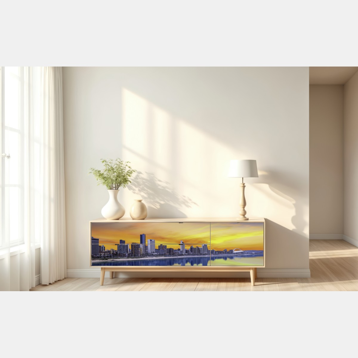 Repositionierbarer Aufkleber Durban dämmerung skyline am strand – Wallnifity® Repositionierbarer Aufkleber Durban dämmerung skyline am strand – Wallnifity®