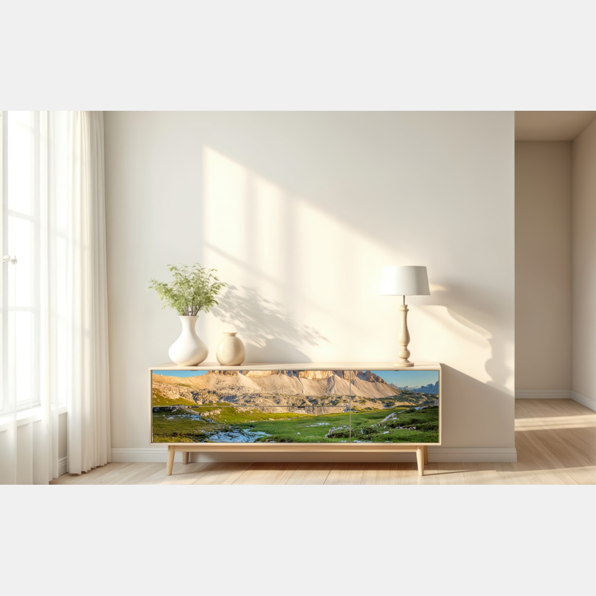 Repositionierbarer Aufkleber Tre Cime di Lavaredo über der alpenwiese – Wallnifity® Repositionierbarer Aufkleber Tre Cime di Lavaredo über der alpenwiese – Wallnifity®