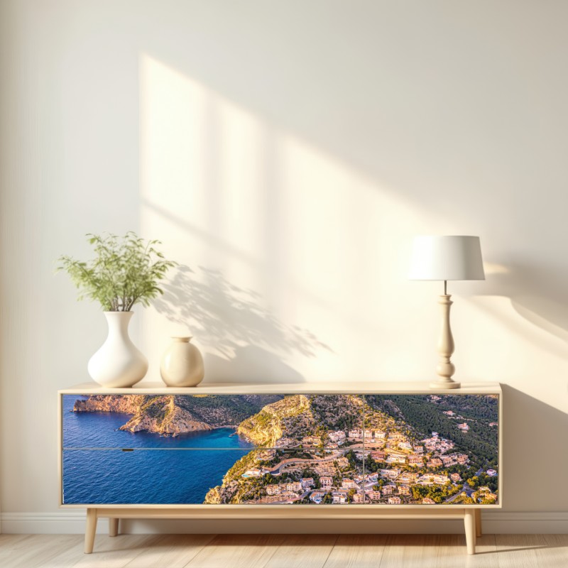 Repositionierbarer Aufkleber sonnenuntergang über küstenlandschaft mit dorf am kliff – Wallnifity® Repositionierbarer Aufkleber sonnenuntergang über küstenlandschaft mit dorf am kliff – Wallnifity®